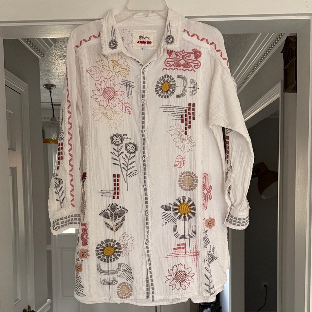 Johnny Was White Button Down Shirt with  Embroidery